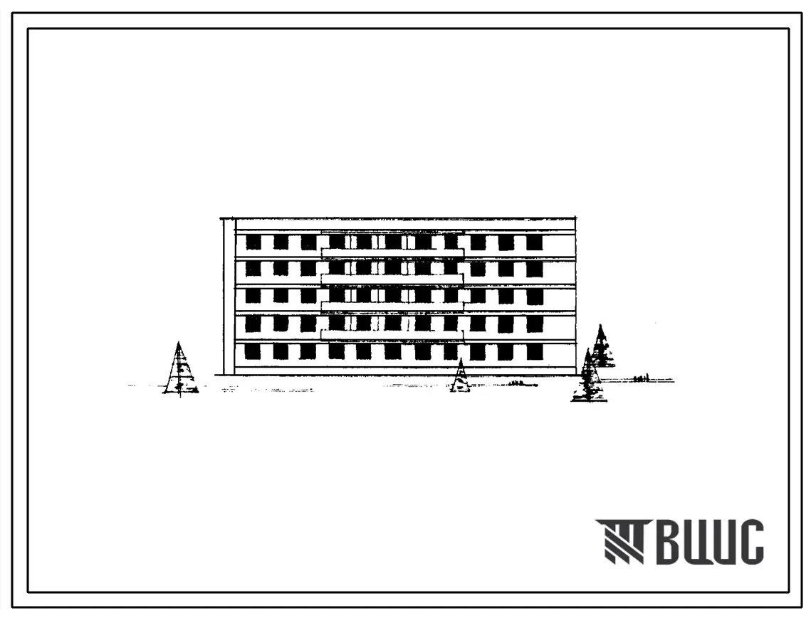 Типовой проект 1М-438АС-14/68 Двойная блок-секция пятиэтажного дома, торцовая правая, на 35 квартир (однакомнатных-5, двухкомнатных-20, трехкомнатных-10). Со стенами из пильного известняка.