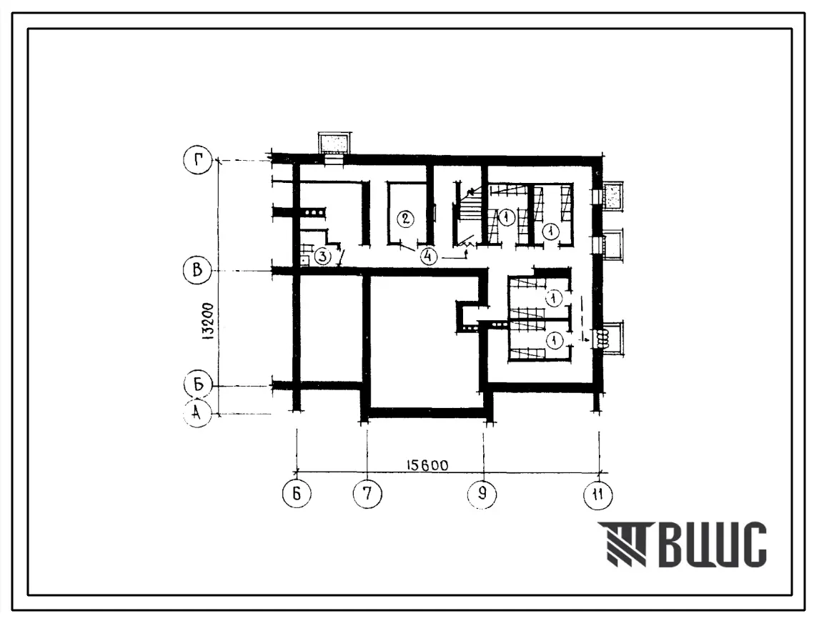 Типовой проект П-4-49(113-88-35(1.2)) Бытовые помещения в подвале жилого дома  2-этажного 2-секционного 12-квартирного с квартирами 1Б-2б-3А, (убежище на 49 человек, размеры убежища 15,6м на 13,2м, режимы вентиляции 1).