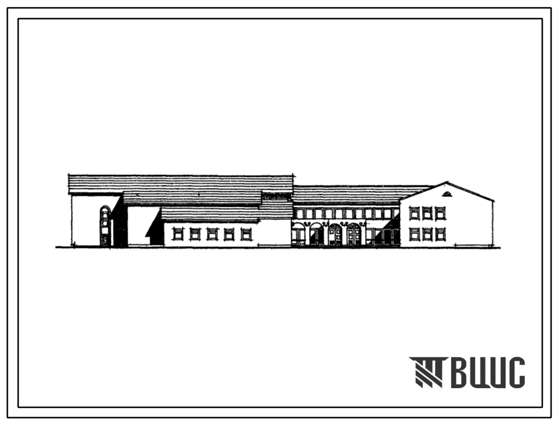 Типовой проект 224-01-656.89 Школа на 11 классов (132 учащихся), объединенная с клубом на 300 посетителей (зал на 200 мест) и спортивным залом 12х24м. Здание одно-, двухэтажное. Стены из кирпича.