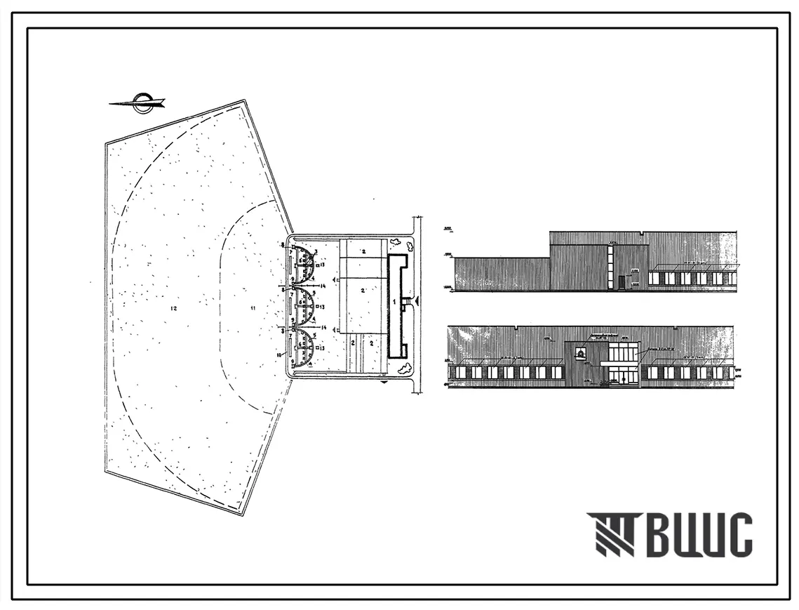 Типовой проект 294-6-14 Комплекс для пулевой и стендовой стрельбы (стены кирпичные). В составе: здание крытого тира, полуоткрытого тира , траншейный стенд, круглый стенд
