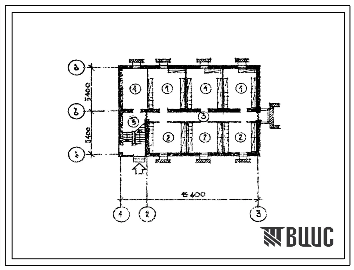 Типовой проект П-5-45(123-17-147с.13.90) Подвальные помещения цокольного этажа 3-этажной блок-квартиры (левый блок) 6-комнатными квартирами, (убежище на 45 человек, размеры убежища 15,6м на 10,8м, режимы вентиляции 1).