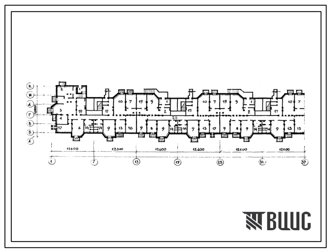Типовой проект Б-1-2630 Помещения общественного назначения в подвале 5-этажного 8-секционного жилого дома серии 112, (убежище на 2630 человек, размеры убежища 75,6м на 16,8м, режимы вентиляции 1,2).