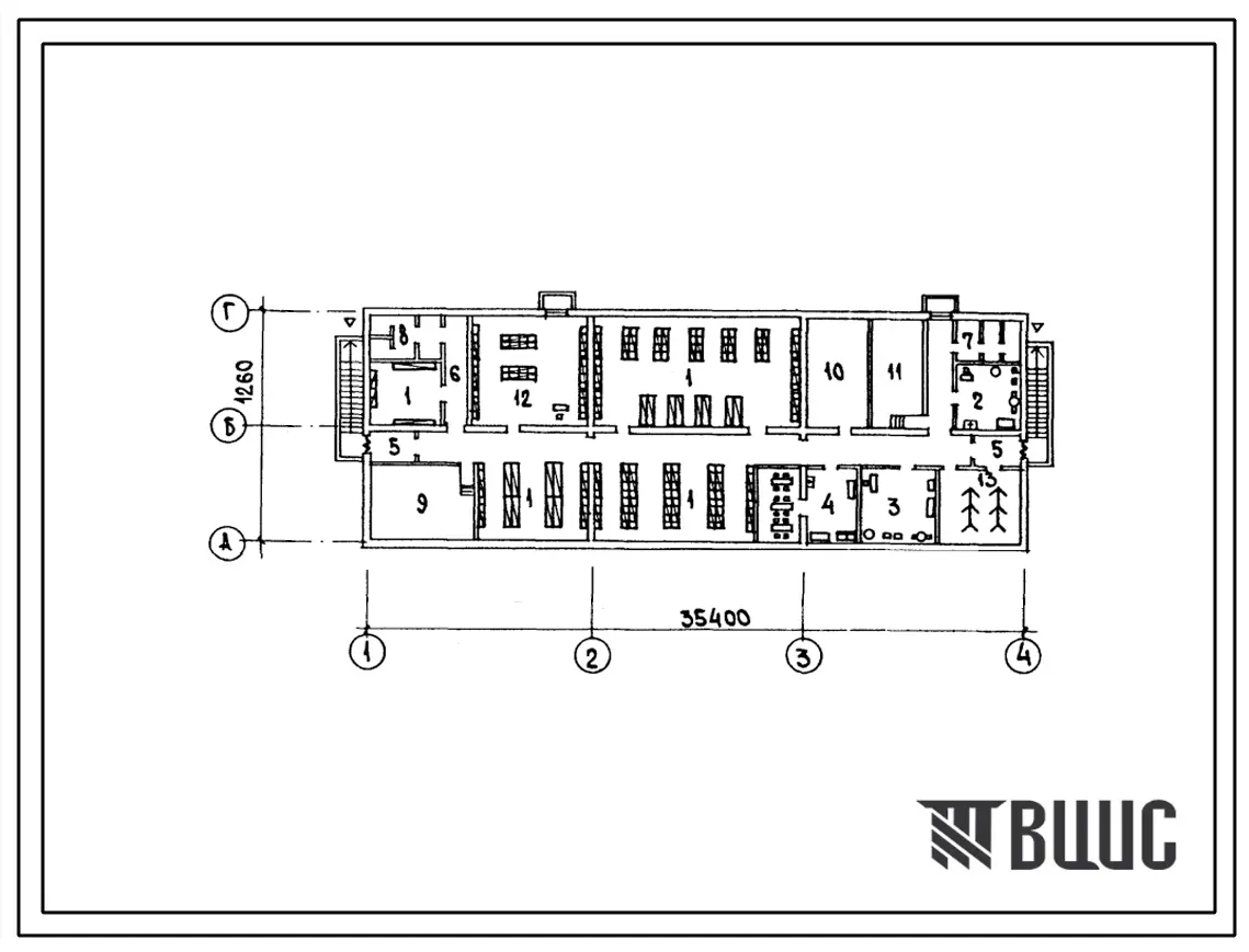 Типовой проект П-4-268(214-1-379сп.13.86) Хозяйственно-бытовые помещения в подвале детских яслей-садов на 50 мест, (убежище на 268 человек, размеры убежища 35,4м на 12,6м, режимы вентиляции 1,2).