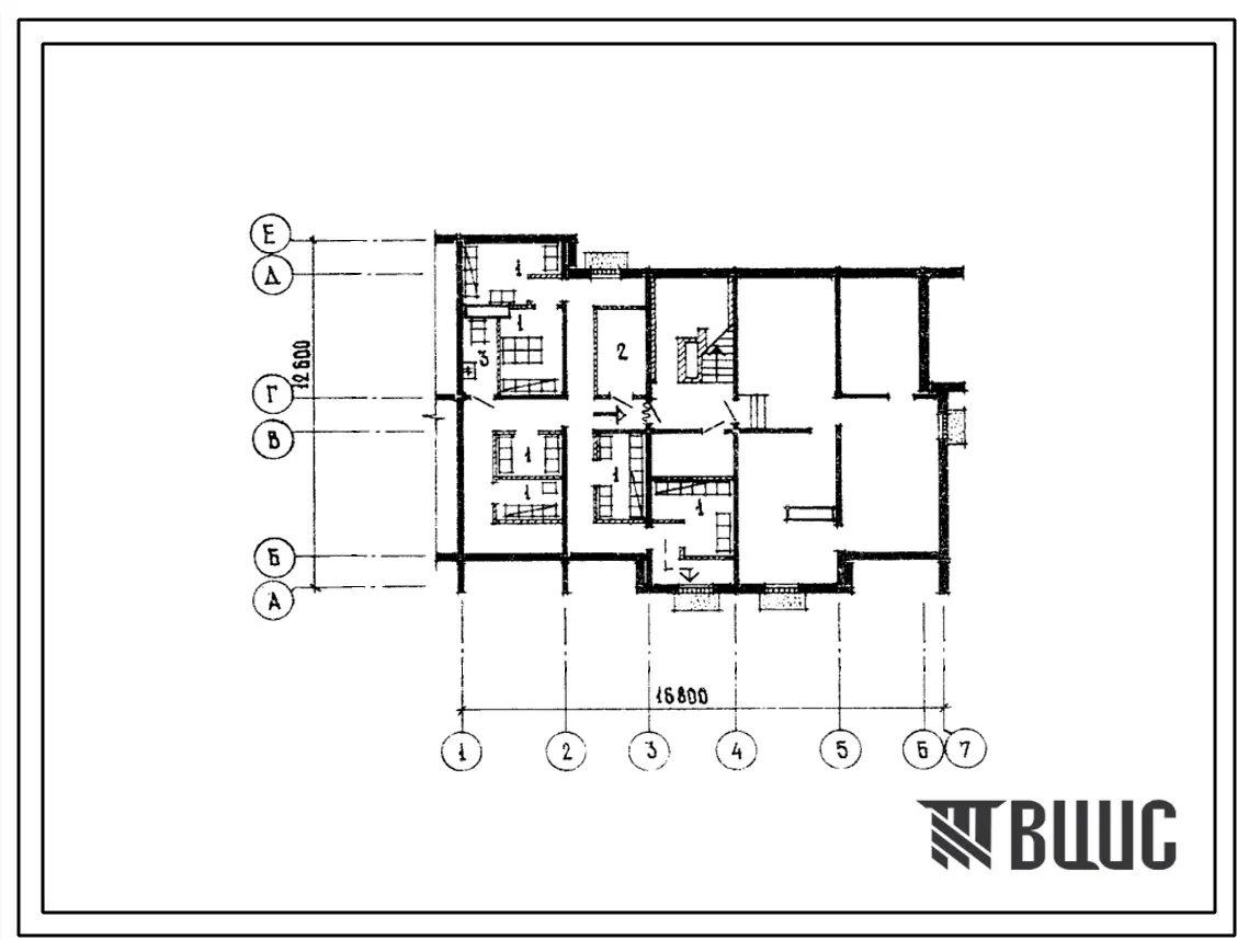 Типовой проект Б-2-49(210-028) Хозяйственные помещения в подвале 4этажной 8квартирной торцевой блок-секции с квартирами 3б-4б (правой), (убежище на 49 человек, размеры убежища 16,8м на 12,6м, режимы вентиляции 1).