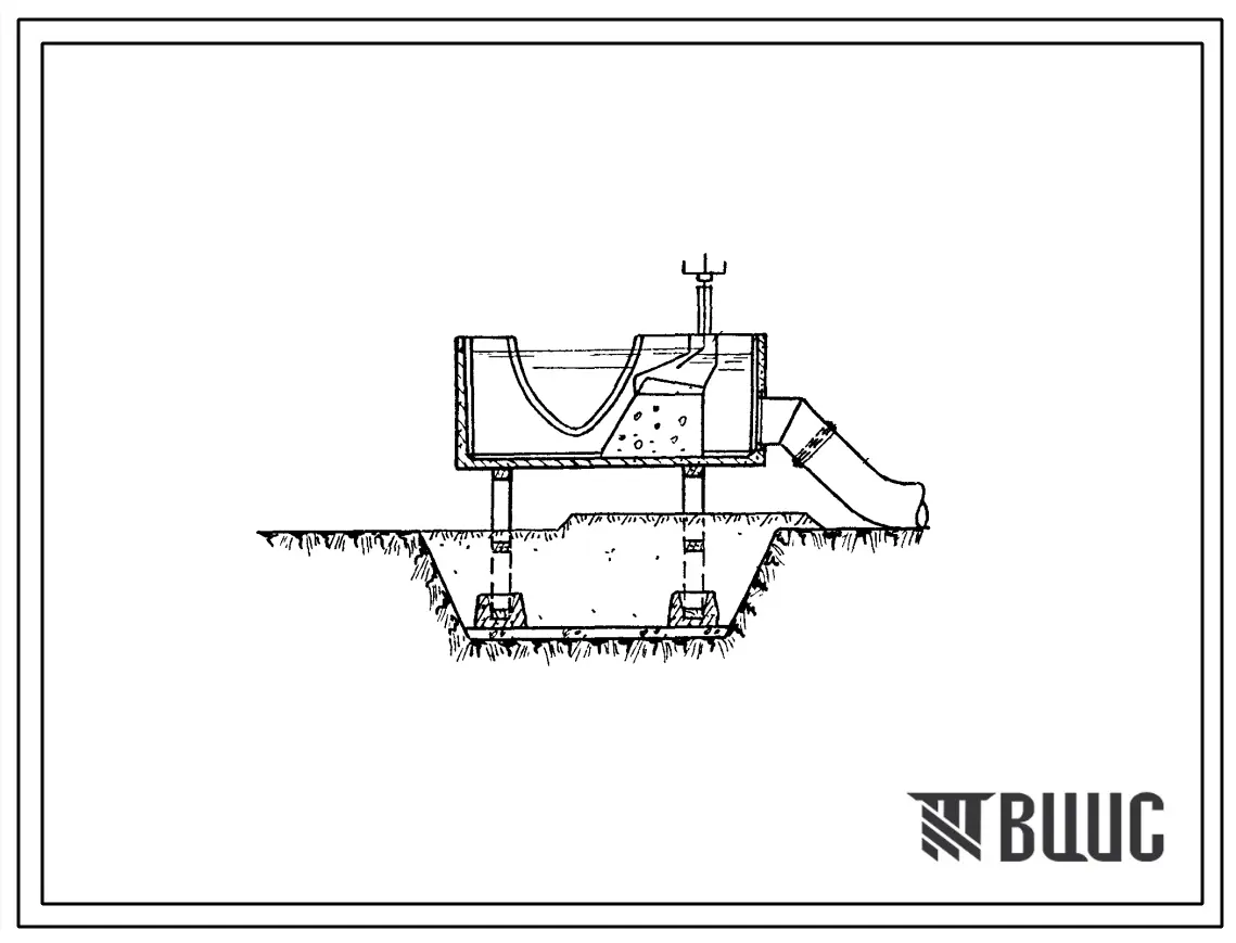 Типовой проект 5409 Гидротехнические сооружения на лотковой распределительной сети на опорах. Водовыпуски с автоматами расхода до 100 л/сек. в гибкие трубопроводы из параболических лотков глубиной 60 и 80 см. при уклонах менее критических. Альбом ВГР-63.