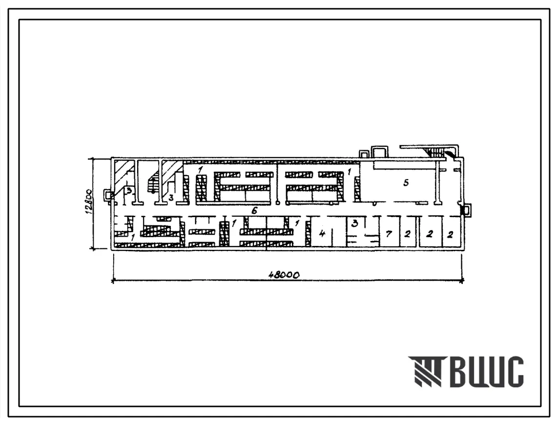 Типовой проект П-2(П-4)-480(416-9-19.83) Бытовые помещения в подвале служебно-бытового здания со столовой для промзоны двух отделений, приспосабливаемые под ПРУ (убежище на 480 человек, размеры убежища 48м на 12,8м, режимы вентиляции 1,2,3).