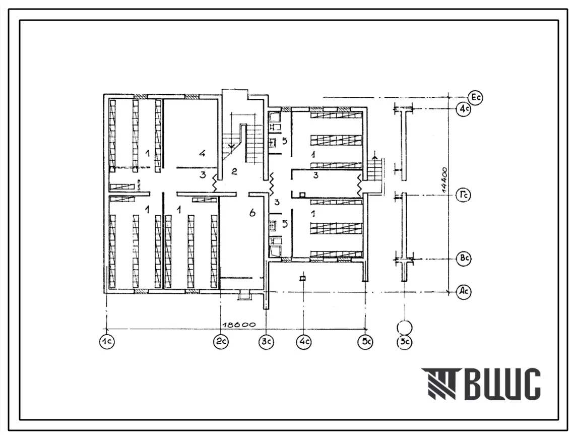 Типовой проект П-2-230(42-0181с.13.87) Подсобные помещениями подвала  2-этажной 6-квартирной торцовой блок-секции Т-1.2.2, (убежище на 230 человек, размеры убежища 18,6м на 14,4м, режимы вентиляции 1,2,3).