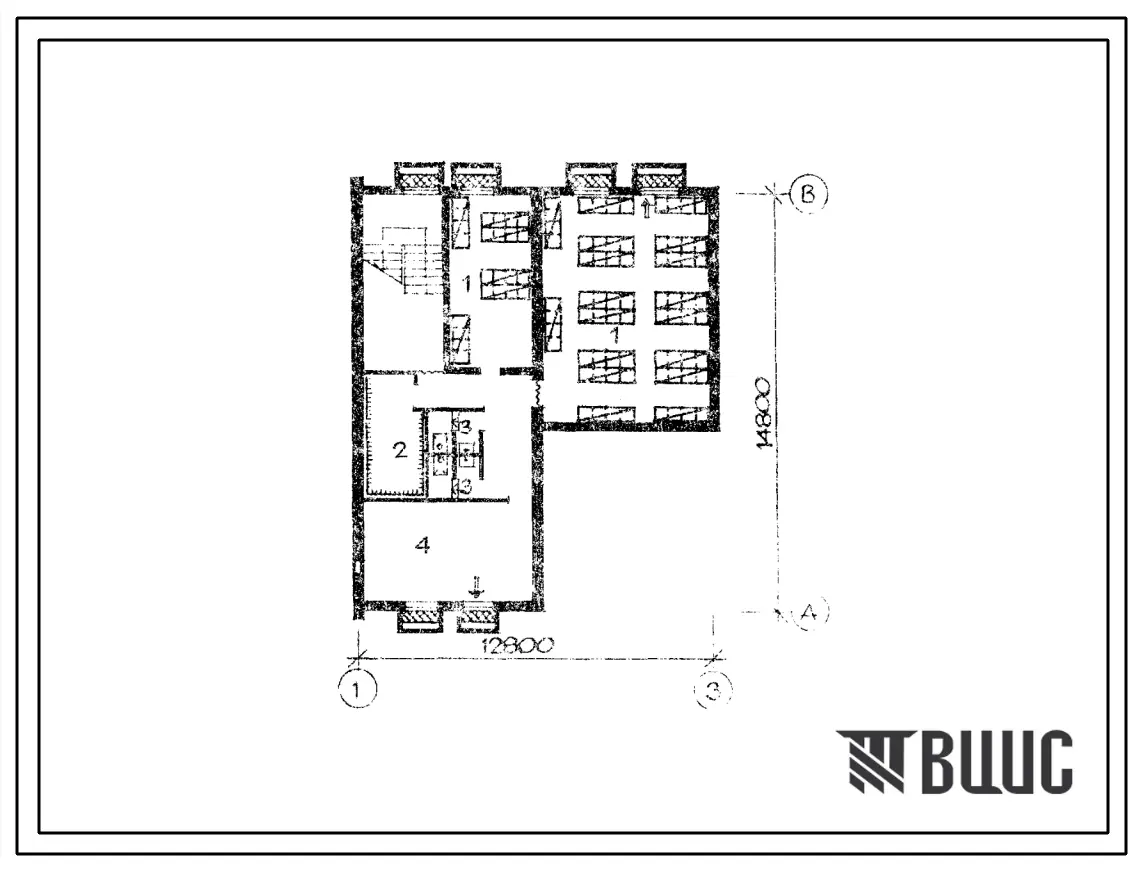 Типовой проект Б-3-70(161-80-47.1) Хозяйственно-бытовые помещения, приспосабливаемые под ПРУ в подвале общежития на 59 мест(для строительства в сельской местности лит.сср), (убежище на 70 человек, размеры убежища 14,8м на 12,8м, режимы вентиляции 1,2,3).