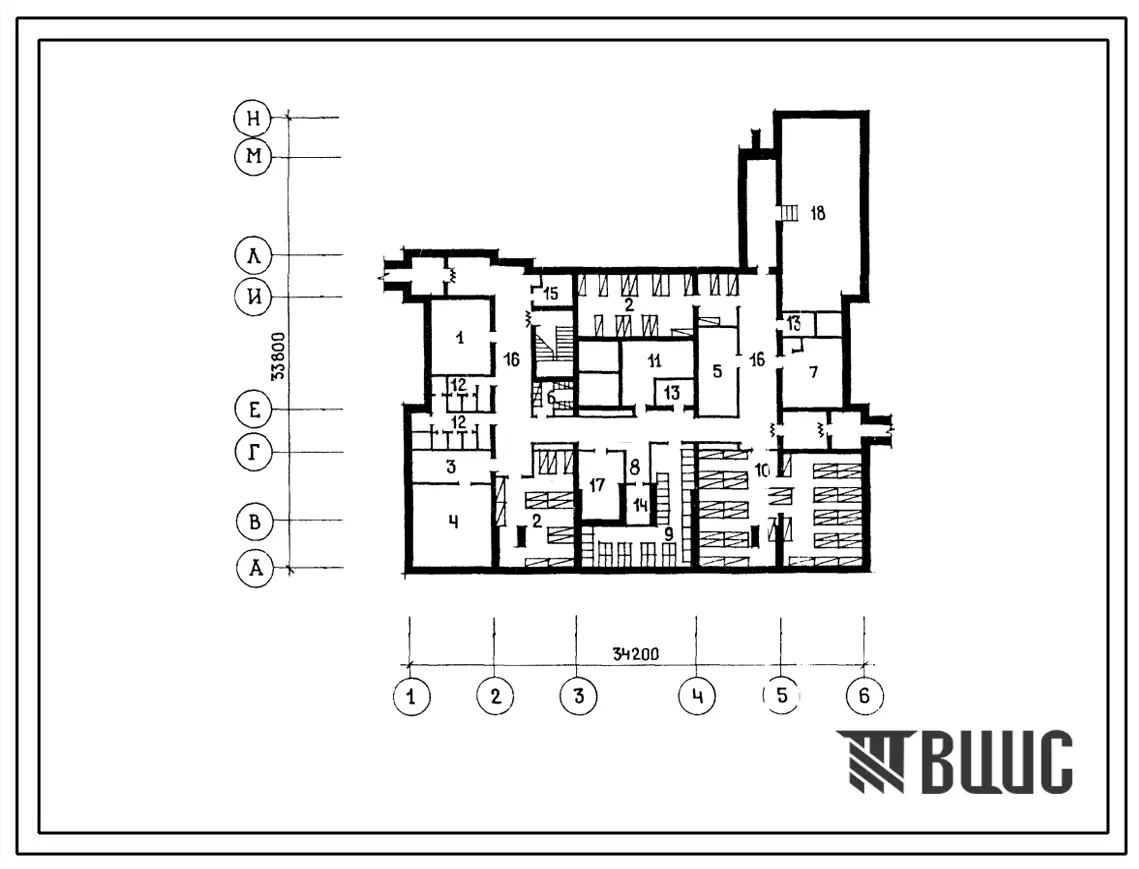 Типовой проект П-2(П-4)-130(254-7-11.3.87) Вспомогательные помещения в подвале лечебно-диагностического корпуса для расширения существующих ЦРБ, (убежище на 130 человек, размеры убежища 34,2м на 33,8м, режимы вентиляции 1,2).