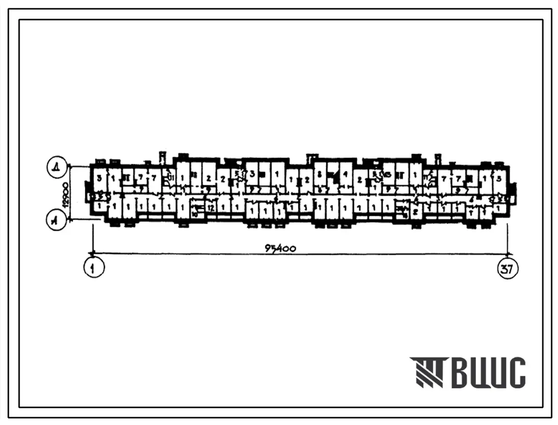 Типовой проект П-1-720(111-94-1(75.2)) Хозяйственно-бытовые помещения в подвале 5-этажного 6-секционного 89-квартирного жилого дома, (убежище на 720 человек, размеры убежища 93,4м на 12,9м, режимы вентиляции 1,2).