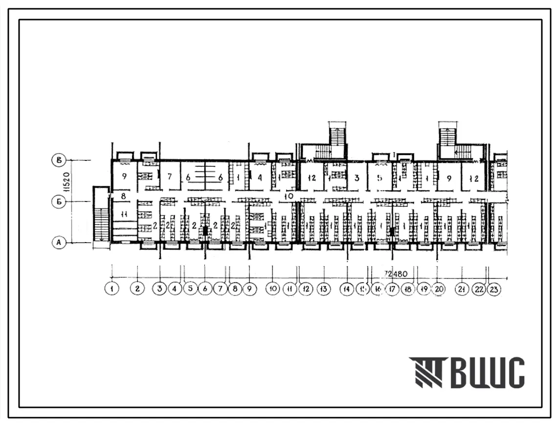 Типовой проект П-3-1149(111-146-5СП.2) Помещения общественного назначения в подвале 4-этажного 6-секционного жилого дома на 48 квартир с квартирами 2Б-3Б, (убежище на 1149 человек, размеры убежища 72,48м на 11,52м, режимы вентиляции 1,2,3).