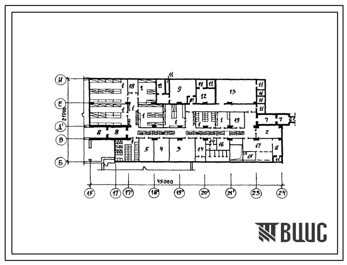 Типовой проект А-II (III,IV)-320(254-07-17.88) Вспомогательные помещения в подвале акушерского корпуса на 100 коек (со стенами из кирпича), (убежище на 320 человек, размеры убежища 45м на 21м, режимы вентиляции 1,2).