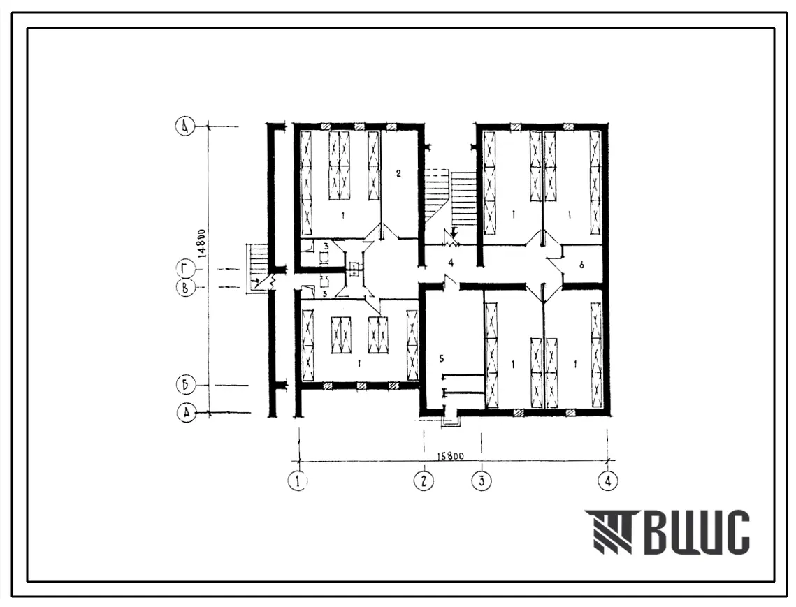 Типовой проект Б-2-160(42-0140с.1) Хозяйственно-бытовые помещения в подвале блок-секции 2-этажной 6-квартирной торцевой правой т-3б,2а,1б, (убежище на 160 человек, размеры убежища 15,8м на 14,8м, режимы вентиляции 1,2).