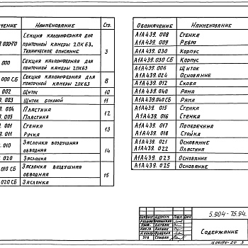 Состав фльбома. Серия 5.904-75.94 КамерыВыпуск 1-19 Калориферная секция для приточной камеры 2ПК63. Рабочие чертежи