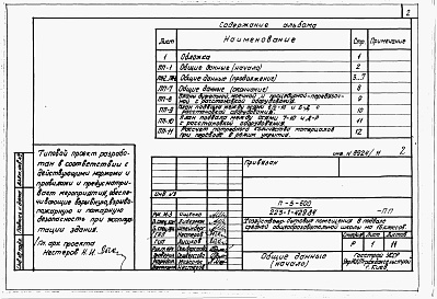 Состав альбома. Типовой проект 223-1-429.84Альбом 11 Проектная документация на перевод хозяйственно-бытовых помещений в подвале для использования под ПРУ    