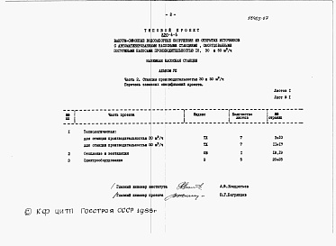 Состав альбома. Типовой проект 820-4-6Альбом 7 Заказные спецификации.     Часть 1. Станция производительностью до 10 м3/ч.     Часть 2. Станция производительности 30 и 50 м3/ч.     