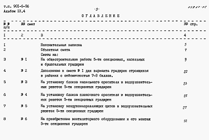 Состав альбома. Типовой проект 901-6-56Альбом 9 Сметы. Часть 1 - Двухсекционные градирни. Часть 2 - Трехсекционные градирни. Часть 3 - Четырехсекционные градирни. Часть 4 - Пятисекционные градирни. Часть 5 - Шестисекционные градирни