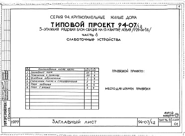 Состав альбома. Типовой проект 94-07/1.2Альбом 8 Часть 1 Архитектурно-строительные чертежи выше отм.0.000. Часть 2 Отопление и вентиляция Раздел 2-1 С радиаторами и конвекторами. Часть 3 Водоснабжение и канализация выше отм.0.000. Часть 4 Газоснабжение. Часть 5 Электроборудрвание, Часть 6 Слабо
