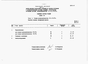 Состав альбома. Типовой проект 820-4-7Альбом 7 Заказные спецификации.     Часть 1. Станция производительностью до 10 м3/ч.     Часть 2. Станция производительности 30 и 50 м3/ч.     