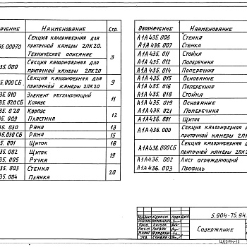 Состав фльбома. Серия 5.904-75.94 КамерыВыпуск 1-16 Калориферная секция для приточной камеры 2ПК20. Рабочие чертежи