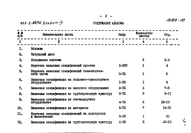 Состав альбома. Типовой проект 902-2-86/75Альбом 9 Заказные спецификации.