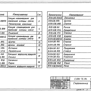 Состав фльбома. Серия 5.904-75.94 КамерыВыпуск 1-18 Калориферная секция для приточной камеры 2ПК40. Рабочие чертежи