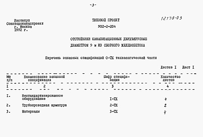 Состав альбома. Типовой проект 902-2-204Альбом 3 Заказные спецификации