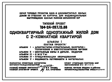 Типовой проект 184-24-287.13.88 Одноквартирный одноэтажный жилой дом с 2-комнатной квартирой (для индивидуальных застройщиков южных районов УССР)