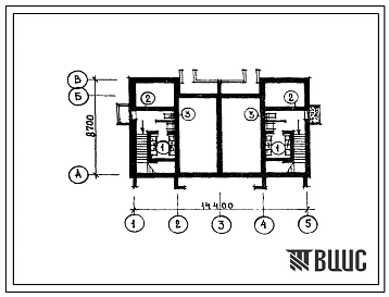 Типовой проект П-4-20-(141-88-31(1)) Помещения , приспосабливаемые од ПРУ в подвале жилого дома 2-этажного 2-квартирного  с квартирами 4Б-4Б в двух уровнях, (убежище на 20 человек, размеры убежища 14,4м на 8,7м, режимы вентиляции 1,2).
