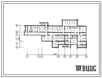 Типовой проект П-4-450(254-6-7.86) Вспомогательные помещения в подвале главного корпуса дома-интерната больничного типа для престарелых и инвалидов на 300 мест, (убежище на 450 человек, размеры убежища 58,6м на 21,82м, режимы вентиляции 1,2).