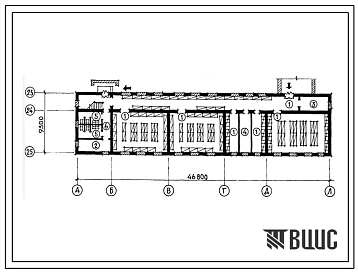 Типовой проект П-5-375(223-1-519с.13.86) Помещения 1 этажа неполной средней школы на 9 классов (345-360 учащихся), с стенами из крупных легкобетонных блоков, (убежище на 375 человек, размеры убежища 46,8м на 9,3м, режимы вентиляции 1,2).