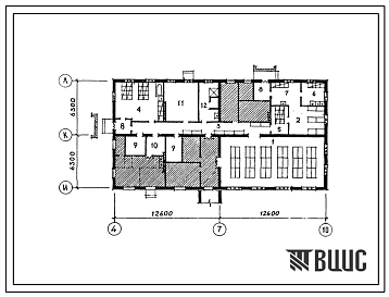 Типовой проект П-5-143(213-1-371с.13.86) Помещения 1 этажа детских яслей-сада на 95 мест стены из крупных легкобетонных блоков, (убежище на 143 человек, размеры убежища 25,2м на 12,6м, режимы вентиляции 1,2,3).