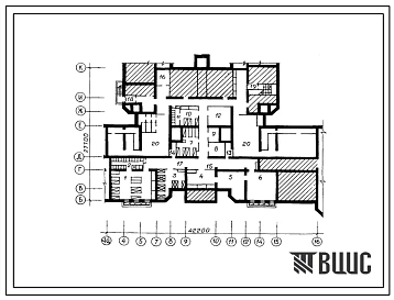 Типовой проект П-3-84(254-7-16.2.88) Хозяйственно-бытовые помещения в подвале акушерского корпуса на 40 коек со стенами из кирпича, (убежище на 84 человек, размеры убежища 42,2м на 27,7м, режимы вентиляции 1,2).