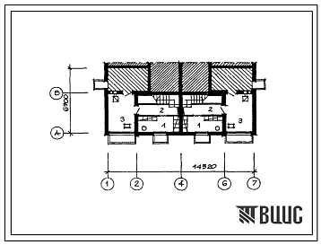 Типовой проект П-4-20(144-212-7.13.86) Хозяйственно-бытовые помещения в подвале двухквартирного блокированного жилого дома с 5-комнатными квартирами, (убежище на 20 человек, размеры убежища 14,52м на 6,9м, режимы вентиляции 1).
