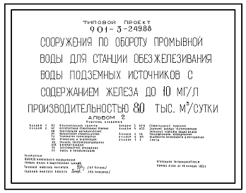 Состав Типовой проект 901-3-249.88 Сооружения по обороту промывной воды для станции обезжелезивания воды подземных источников с содержанием железа до 10 мг/л производительностью 8,0 тыс. м3/сут