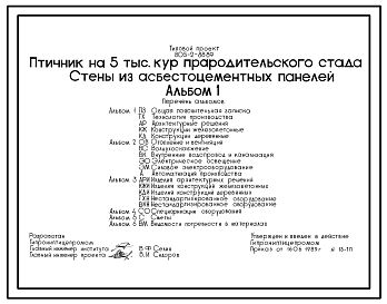 Типовой проект 805-2-88.89 Птичник на 5 тыс. кур прародительского стада. Птица содержится на глубокой подстилке с применением комплекта оборудования КМК-18. Размеры здания - 18x84 м. Расчетная температура: -30°С. Стены - панельные асбестоцементные. Покрыт