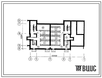 Типовой проект П-4-105(113-88-371.2) Бытовые помещения в подвале жилого дома 2-этажного 2-секционного 8-квартирного с квартирами 3А-4Б, (убежище на 105 человек, размеры убежища 23,4м на 13,2м, режимы вентиляции 1,2).