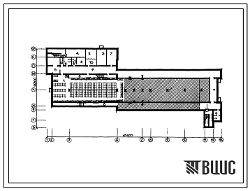 Типовой проект П-2-300(224-1-444.85) Служебные помещения на первом этаже средней общеобразовательной школы на 11 классов (264 учащихся) со стенами из кирпича, (убежище на 78 человек, размеры убежища 63м на 20,1м, режимы вентиляции 1).