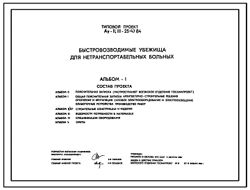Типовой проект Ау-II,III-25-47.84 Быстровозводимые убежища для нетранспортабельных больных. Стены из трехзвенных железобетонных индивидуальных плит (для сухих грунтов). (убежище на 25 человек, размеры убежища 29,26м на 6,6м, режимы вентиляции 1,2)