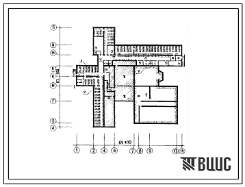 Типовой проект П-4-920(224-1-456.85) Хозяйственно-бытовые помещения в подвале школы на 22 класса (834-864 учащихся) со стенами из кирпича,(убежище на 920 человек, размеры убежища 65,1м на 63,9м, режимы вентиляции 1,2).