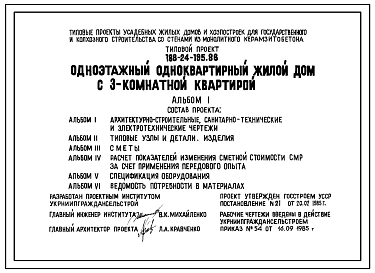 Типовой проект 188-24-195.86 Одноэтажный одноквартирный жилой дом с 3-комнатной квартирой для государственного и колхозного строительства
