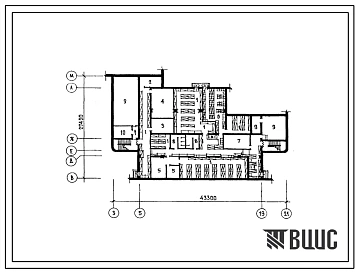 Типовой проект П-4-410(224-1-442.85) Хозяйственно-бытовые помещения  в подвале средней школы на 22 классов (834-864 учащихся), (убежище на 410 человек, размеры убежища 43,3м на 27,4м, режимы вентиляции 1,2).