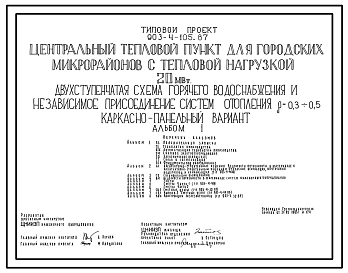 Типовой проект 903-4-105.87 Центральный тепловой пункт для городских микрорайонов с тепловой нагрузкой 20 МВт. Двухступенчатая схема горячего водоснабжения и зависимое присоединение систем отопления ?=0,3+0,5 (каркасно-панельный вариант)