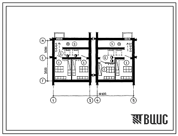 Типовой проект П-4-50(171-210-42.86 Хозяйственные помещения подвала жилого дома двухэтажного 4-квартирного с раздельными входами в 3-комнатные квартиры, (убежище на 50 человек, размеры убежища 18,6м на 6,6м, режимы вентиляции 1).