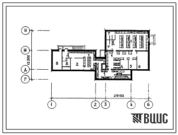 Типовой проект П-2-190(214-1-299.84) Служебные помещения в подвале детских яслей-сада (стены кирпичные) на 4 группы (95 мест), (убежище на 190 человек, размеры убежища 29,1м на 15,3м, режимы вентиляции 1,2,3).
