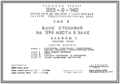 Состав Типовой проект 222-9-140 Блок столовой на 294 места в зале для пристроек к существующим зданиям городских общеобразовательных школ. Здание одноэтажное. Каркас сборный железобетонный серии ИИ-04. Стены из керамзитобетонных панелей.