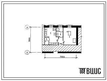 Типовой проект П-4-10(501-5-61.86) Помещения 1 этажа дома связи тип П, (убежище на 10 человек, размеры убежища 7,02м на 6м, режимы вентиляции 1,2).