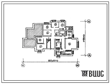 Типовой проект Б-2-70(114-22-63.1) Хозяйственно-бытовые помещения в подвале 3-этажного секционного дома 9-квартирного жилого дома, (убежище на 70 человек, размеры убежища 22,6м на 14,5м, режимы вентиляции 1,2,3).