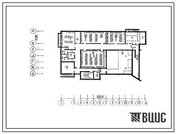 Типовой проект П-4-420(264-12-218) Хозяйственно-бытовые помещения в подвале городского клуба (стены кирпичные) с залом на 300 мест, (убежище на 420 человек, размеры убежища 39м на 21м, режимы вентиляции 1,2).