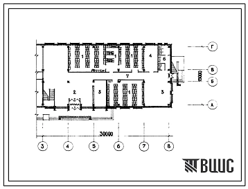Типовой проект Б-3-417(232-1-101с) Помещения 1 этажа учебного корпуса профтехучилища на 540 учащихся, (убежище на 417 человек, размеры убежища 30м на 15м, режимы вентиляции 1).